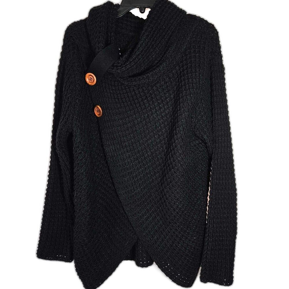 ZENANA Chunky Waffle Knit Cowl Neck Oversized Button Accent Sweater Large